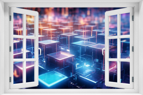 Abstract 3d rendering of chaotic geometric shapes. Futuristic background with glowing cubes.