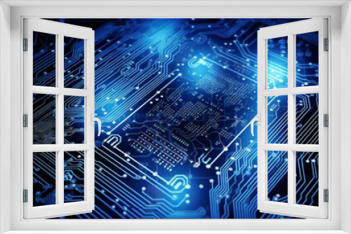 Digital circuit board with blue light, abstract motherboard, 3d rendering