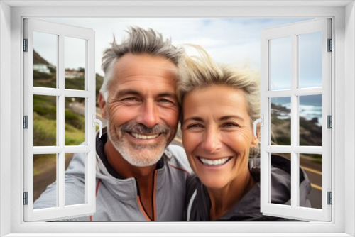 A couple of adult active people on a morning run. Portrait with selective focus