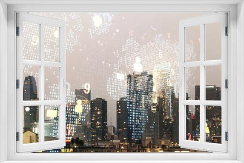 Fototapeta Naklejka Na Ścianę Okno 3D - Double exposure of social network icons interface and world map on Los Angeles office buildings background. Networking concept