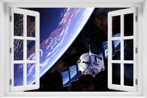 Fototapeta Naklejka Na Ścianę Okno 3D - Satellite Deploys Solar Panels And Planet Earth Reflected In Them. 3D Illustration.