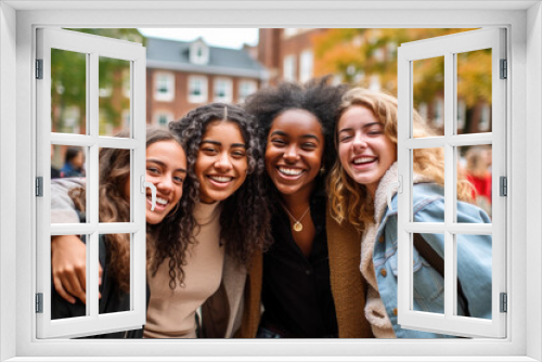 Students reunite at college for a new semester and are hugging each other out of joy