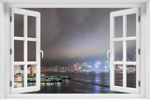Fototapeta Naklejka Na Ścianę Okno 3D - Downtown and building in Hong Kong skyline at night
