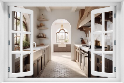 Beautiful Spanish Modern Kitchen Interior with Farmhouse Sink with Brass Hardware and Arched Doorways