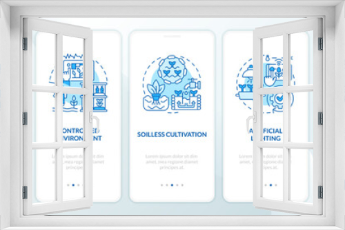 Linear blue icons representing vertical farming and hydroponics mobile app screen set. 5 steps graphic instructions, UI, UX, GUI template.