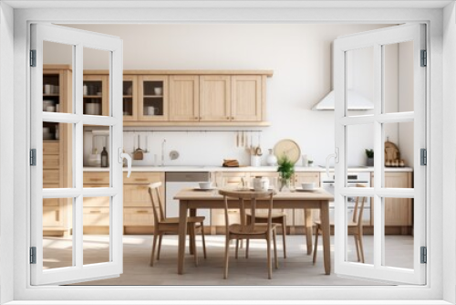 Scandinavian classic kitchen with wooden and white details, Luxury Kitchen Interior in white tone, Generative ai