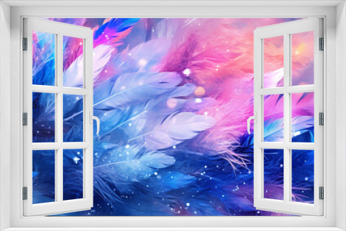 Art abstract background festive celebratory. Drop water, sequins and stars on feather blue and pink colors