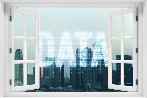 Fototapeta Naklejka Na Ścianę Okno 3D - Virtual Data word sign hologram on Los Angeles skyline background. Multiexposure