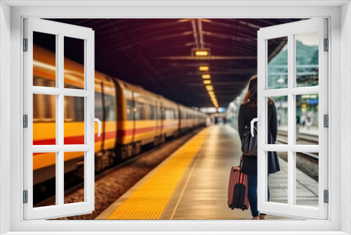 Woman waiting at platform of railway station, rear view. Generative AI