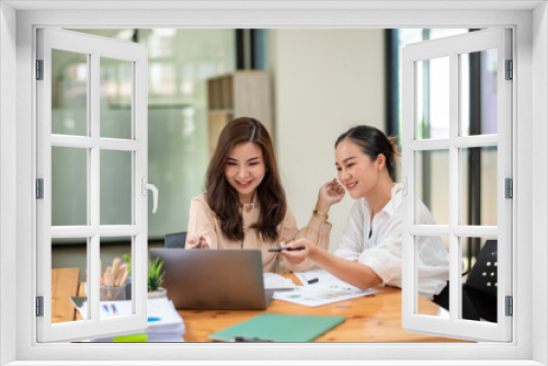 Two colleague businesswoman are meeting online, marketing plan, business plan, checking statistics and accounting.