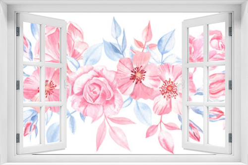 Fototapeta Naklejka Na Ścianę Okno 3D - Watercolor composition of the pink roses and blue leaves. Pastel color palette. Perfect for the wedding invitations, greeting cards, mother's day cards, valentine's day, art prints, postcards