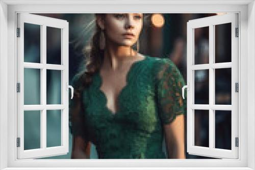 young beautiful caucasian woman in green dress walking in city center. AI Generated