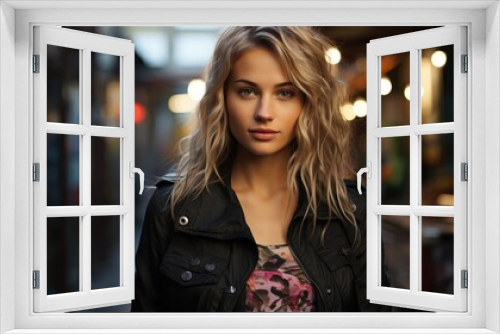 Female fashion blogger with long hair and blue eyes posing on the street.