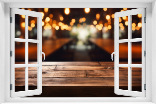 The empty wooden table top with blur background of restaurant at night. Exuberant image. Generative AI