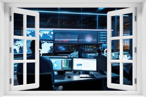 Network operations center ( NOC) with technicians monitoring network traffic, troubleshooting issues, and ensuring network performance