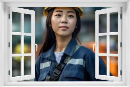 Beatiful confidence asian woman builder worker in uniform and safety helmet smilling. Labour day. 