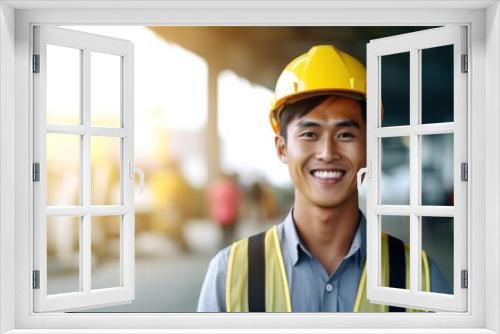 Beatiful confidence asian man builder worker in uniform and safety helmet smilling. Labour day. 