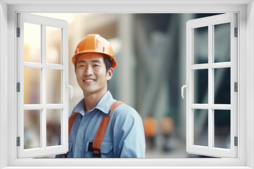 Beatiful confidence asian man builder worker in uniform and safety helmet smilling. Labour day. 