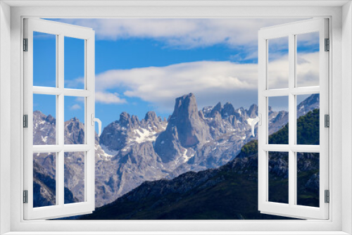 View on Naranjo de Bulnes or Picu Urriellu,  limestone peak dating from Paleozoic Era, located in Macizo Central region of Picos de Europa, mountain range in  Asturias, Spain