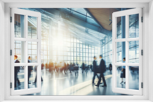 Blurred figures of business professionals strolling at an expo, conference, or within a contemporary hall, demonstrating motion speed blur, broad panoramic banner


Generative AI