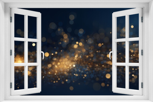 An abstract background featuring dark blue and golden particles. Christmas golden light shines, creating a bokeh effect on the navy blue background. Gold foil texture is also present. 
Generative AI