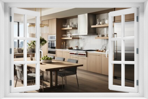 A sleek and contemporary kitchen with stainless steel appliances, luxurious marble countertops, and an open layout that seamlessly merges with the dining area. Generative AI