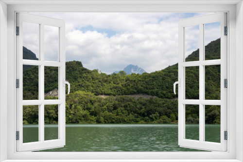 Fototapeta Naklejka Na Ścianę Okno 3D - Mountain background with blue sky and clouds. Mountain lake.