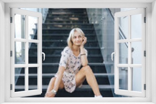 woman walking on stairs