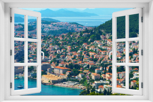 Fototapeta Naklejka Na Ścianę Okno 3D - aerial view of the fortress and old city on the seashore and mountains, panorama of the resorts of Dubrovnik in Croatia, Adriatic sea, beaches, islands, tourism and summer traveling
