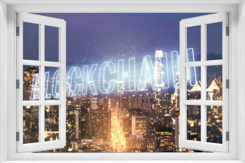 Abstract virtual blockchain technology hologram on San Francisco skyline background. digital money transfers and decentralization concept. Multiexposure