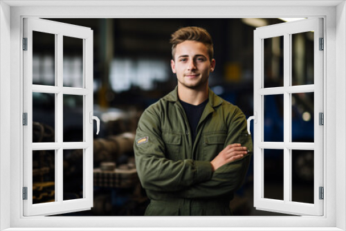 Engine of Industry: High-Resolution Portrait of a Young Mechanic Standing Confidently in a Bustling Car Factory Workshop