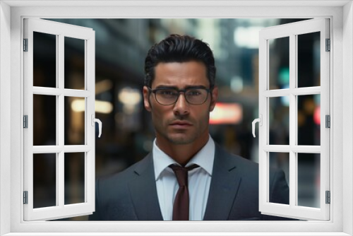 Portrait of a handsome man wearing a dark gray business suit and glasses. AI-generated.