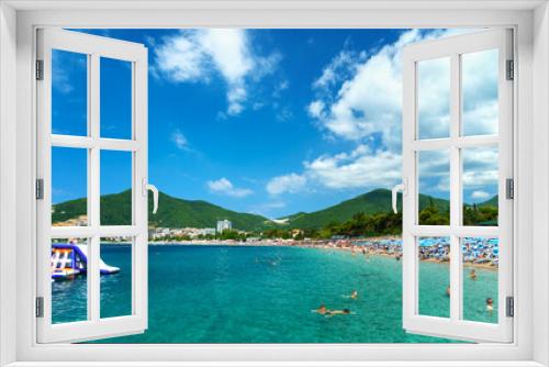 Fototapeta Naklejka Na Ścianę Okno 3D - beautiful view of the seaside resort town and beaches, mountains, panorama of Budva in Montenegro, Adriatic Sea, tourism and summer travel
