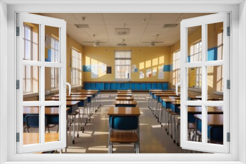 Classroom with a large table and window and chairs 