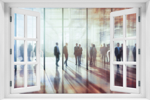 Glass office building with motion blurred business people on the move