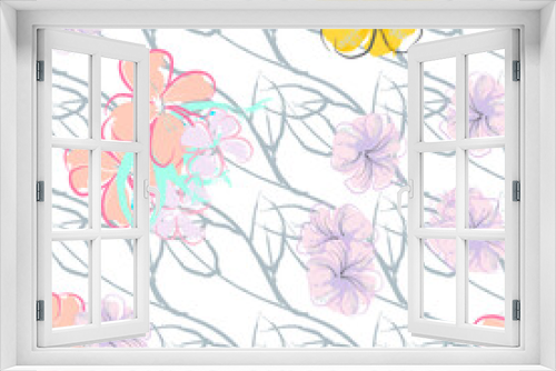 Fototapeta Naklejka Na Ścianę Okno 3D - Pink Flowers Blooming Pattern. Pastel Watercolor.
