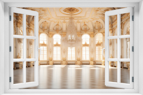 An Extravagant European Ballroom, Palace Styled Room With Large Windows and Natural Lighting, a Chandelier Hanging From the Ceiling, Gold Decorations, Baroque Style Architecture, generative AI