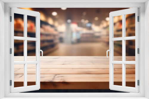 Empty wooden table space platform and blurry defocused supermarket