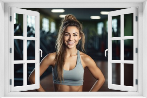 Smiling young woman wearing sport clothes posing at the gym