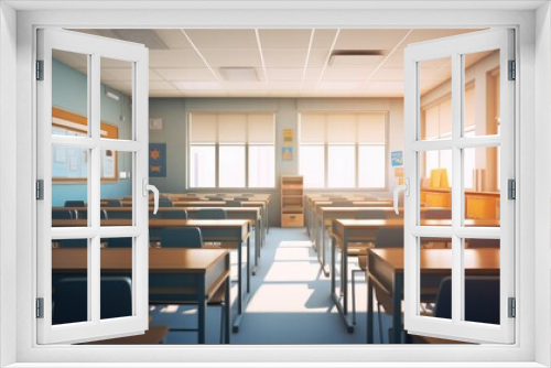 Chairs and table in high school Classroom, Empty classroom.