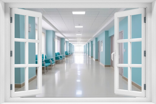 Long hospital bright corridor with rooms and seats