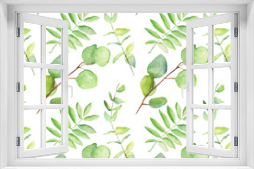 Fototapeta Naklejka Na Ścianę Okno 3D - Seamless pattern green leaves trees and branches, foliage of natural branches, green leaves, herbs, tropical plants hand drawn watercolor on white background.