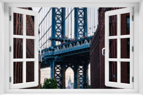 Fototapeta Naklejka Na Ścianę Okno 3D - architecture of historic bridge in manhattan. bridge connecting Lower Manhattan with Downtown Brooklyn. new york urban architecture. manhattan bridge in new york. new york urban architecture