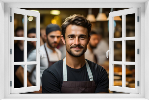 Chef at the kitchen. Chef standing confidently with his arms crossed looking at the camera with the team in the background. Generative AI