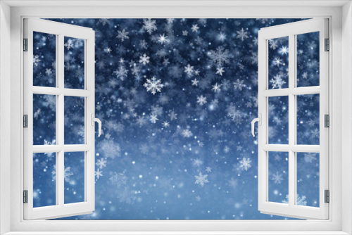 Many snowflakes falling on the blue background, christmas image, photorealistic illustration