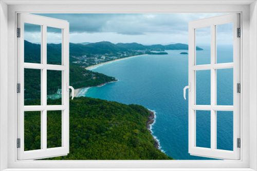Fototapeta Naklejka Na Ścianę Okno 3D - .aerial top view amazing freedom beach small white sand beach with perfect nature. .white wave hit the rock around island. .green forest peaceful. green sea, and clear sand landscape. Paradise beach..