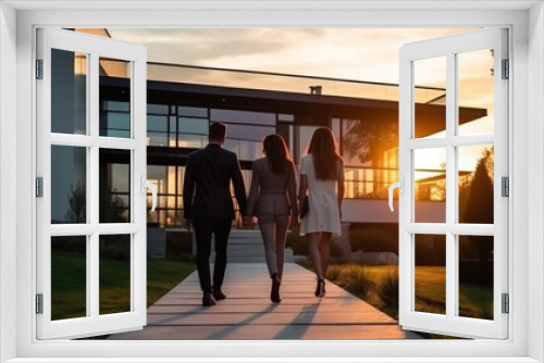 Beautiful young couple outside house at sunset