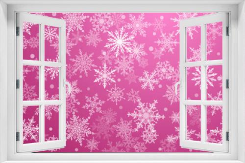 Christmas background of beautiful complex snowflakes in purple colors. Winter illustration with falling snow