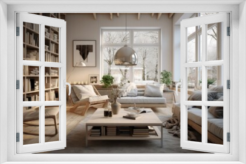 White new cozy apartment designed in scandinavian style. The interior uses handmade elements, fashionable colors, white color prevails, trendy textiles, large windows and a cozy atmosphere.