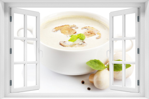 Fototapeta Naklejka Na Ścianę Okno 3D - Mushroom soup in white bowl, on plate, isolated on white